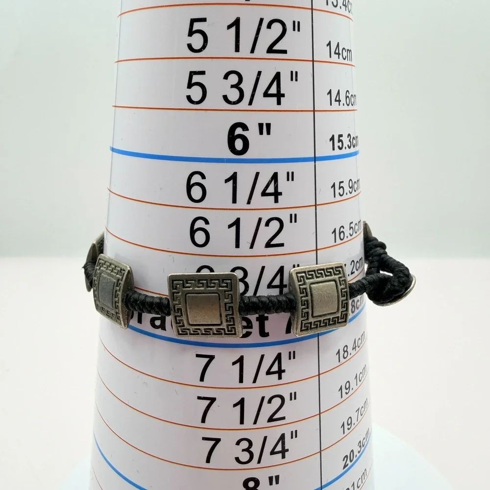 VTG Y2K Silver Tone Square Greek Key‎ Panel Bracelet Black Cord Women's Jewelry